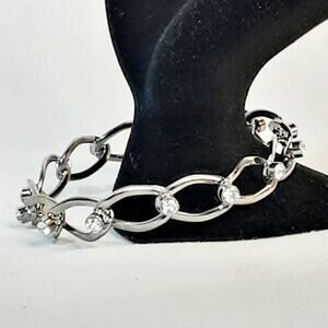 💎Silver Tone Interlocking Oval Link Bangle Bracelet Clear Rhinestone Accents